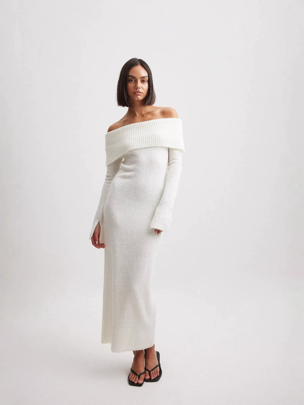 Zara Off Shoulder Pleated Midi Knit Dress Slim Fit - Picture 6 of 6
